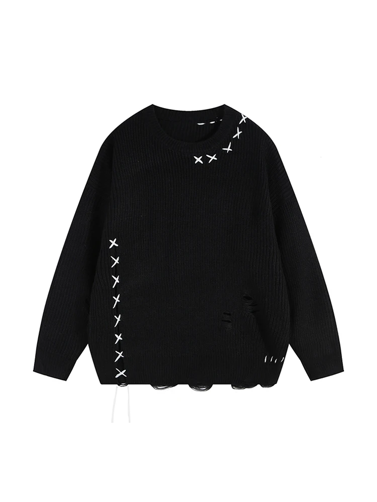 Women Black Gothic Knitted Torn Pullover Sweater Harajuku Korean 90s Y2k Long Sleeves Jumper Sweaters Emo Vintage 2000s Clothes