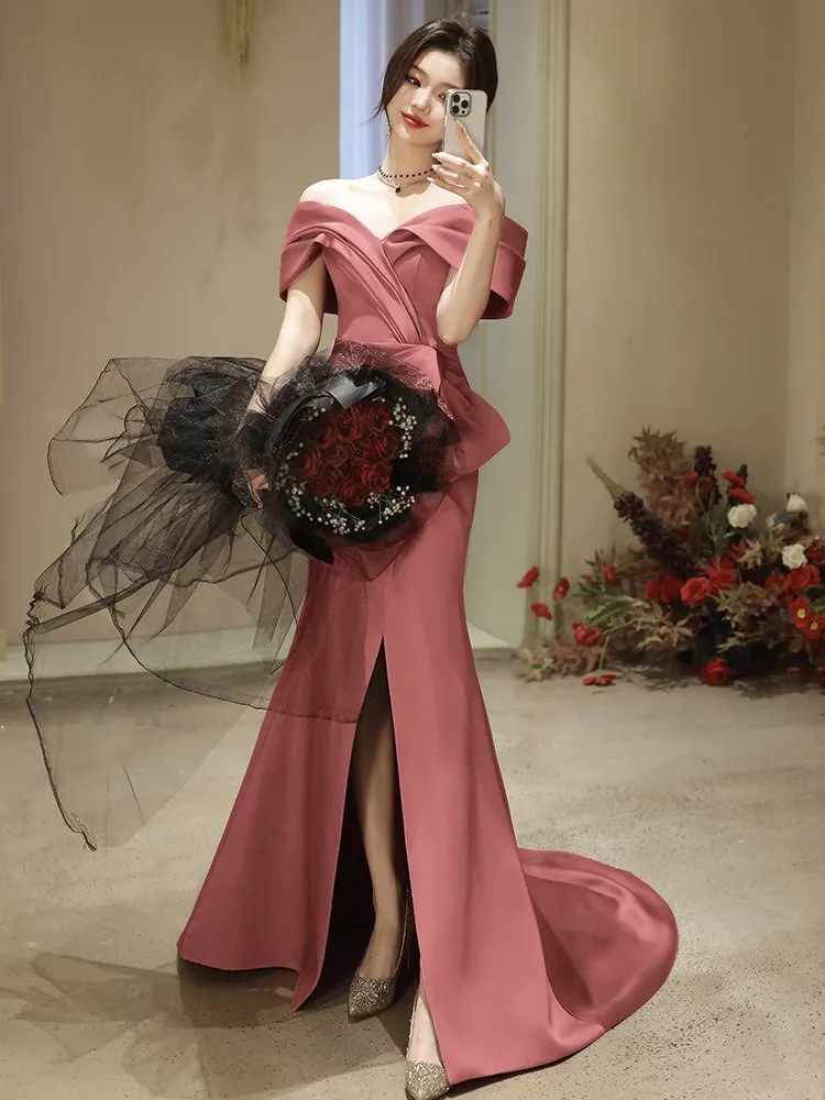 

One-shoulder light luxury satin fishtail student art examination performance host dress