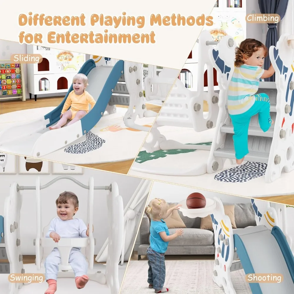幼児用4-in-1スイング＆スライドセット（ロケットテーマ）、クライマー、バスケットボールフープ、ボール付き