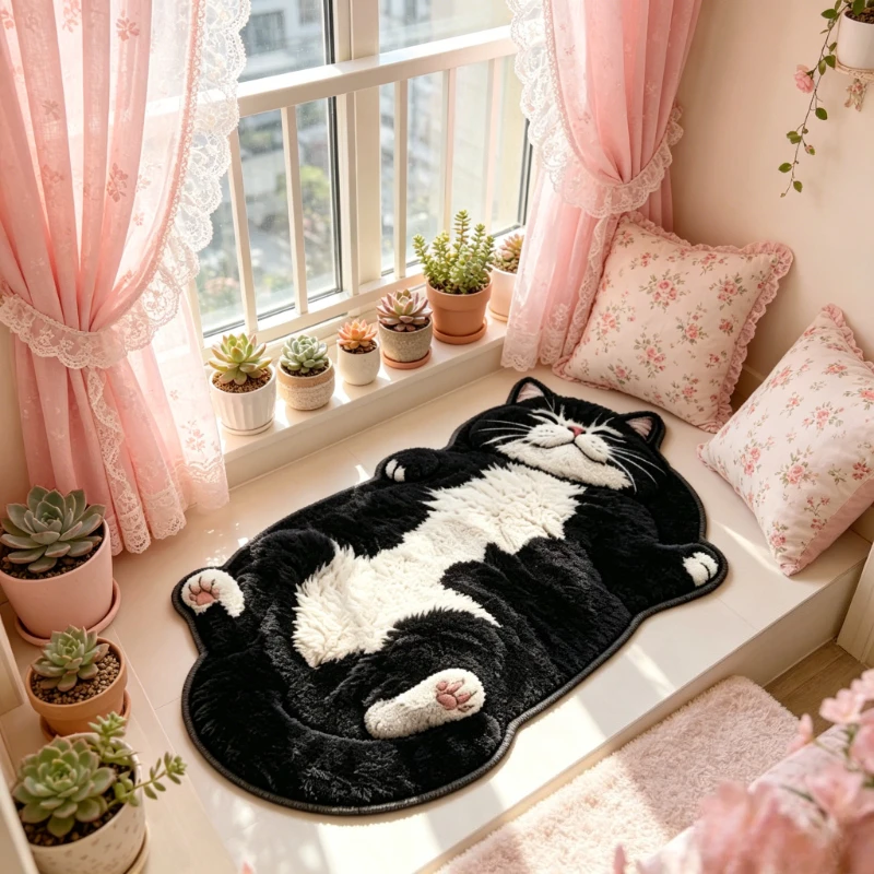 VIKAMA Plush Cat Shaped Rug Non-Slip Soft Fluffy Carpet Washable Bedside Mat for Bedroom Living Room Decor