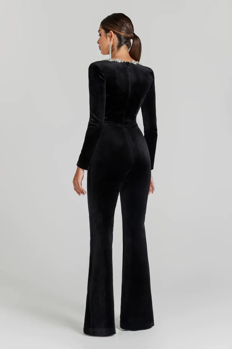 2024 Women Luxury Diamonds Jumpsuit Black Long Sleeve Solid Bodycon Bandage Bodysuit Sexy High-Waisted Evening Party Jumpsuits