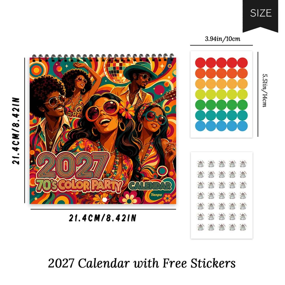 1pc 2027 Vintage Colorful Party Wall Calendar,12‑Month Planner,Gift For Back‑to‑School,Christmas,New Year,Free Stickers Included