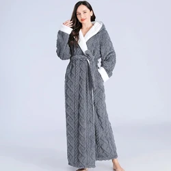 Loose Long Thick Bath Robe Hooded Winter Thick Women Bathrobe Flannel Terry Warm Comfortable Sleepwear for Female Dressing Gown