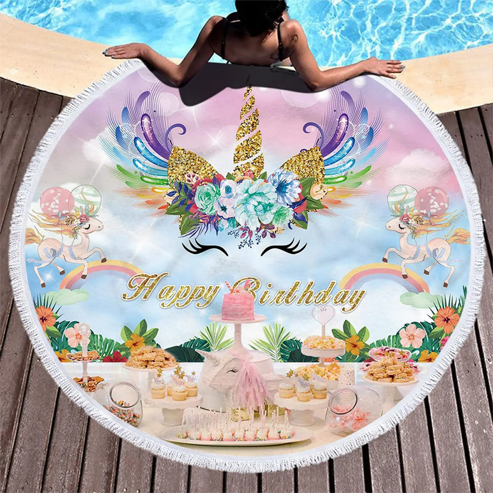 

Unicorn Beach Towel Round Birthday Party Fringe Quick Dry Bath Towel for Swimming Travel Shower Sandproof Pool Towels Picnic Mat