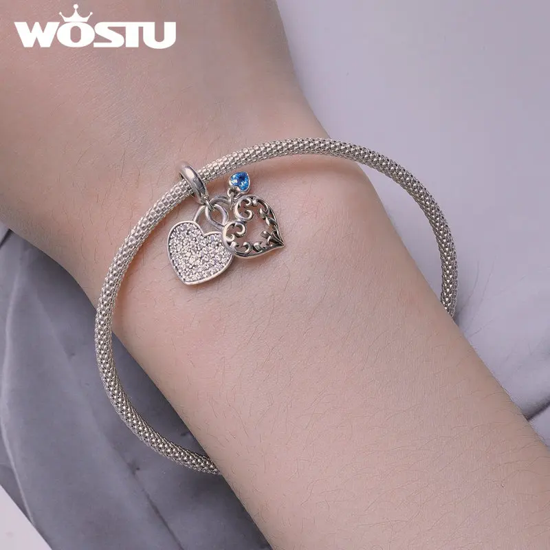 WOSTU Lovely Home Series 925 Sterlign Silver Heart Lock Charms Pendant Family house beads Fit Original Bracelet DIY Necklace New