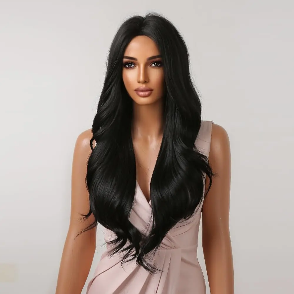 باروكات صناعية طويلة سوداء مموجة للنساء، شعر مستعار مجعد في الجزء الأوسط، ألياف مقاومة للحرارة ذات مظهر طبيعي للحفلات اليومية #3