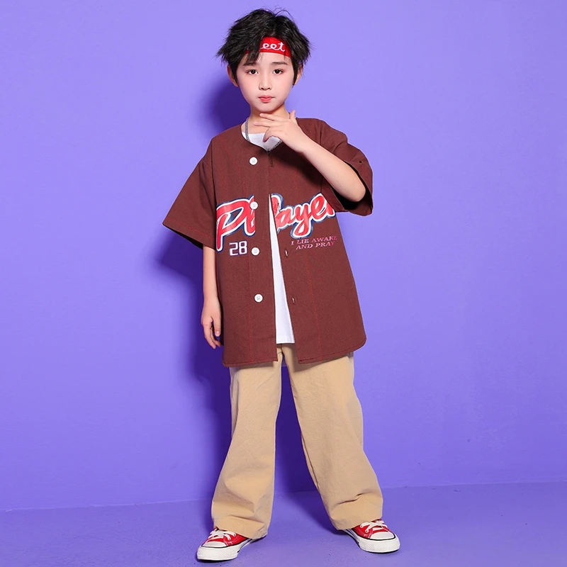 Ropa de baile de espectáculo de Hip Hop para niños, camiseta de béisbol, Tops, ropa de calle, pantalones cortos caqui, disfraz de baile de Jazz, ropa de escenario