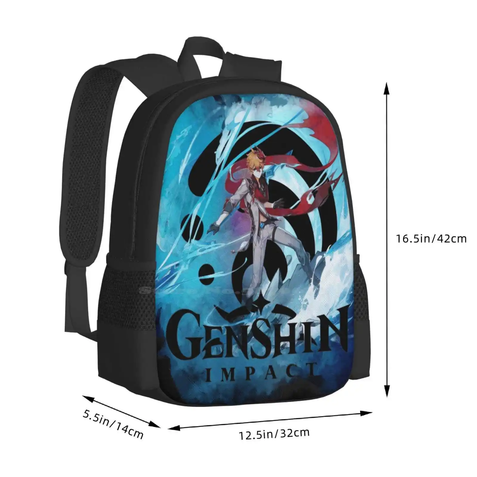 Mochila Genshin Impact Gaming, Bolsa de Estudante Aquarela Tartaglia 3D Print Design, Husbando Video, Venti Jean Diona Kequing