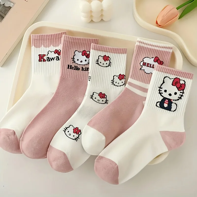 5 Pairs Random Cute Cartoon Cat Print Women Socks Pink White Casual Mid Crew Socks Soft Breathable Daily Streetwear Socks