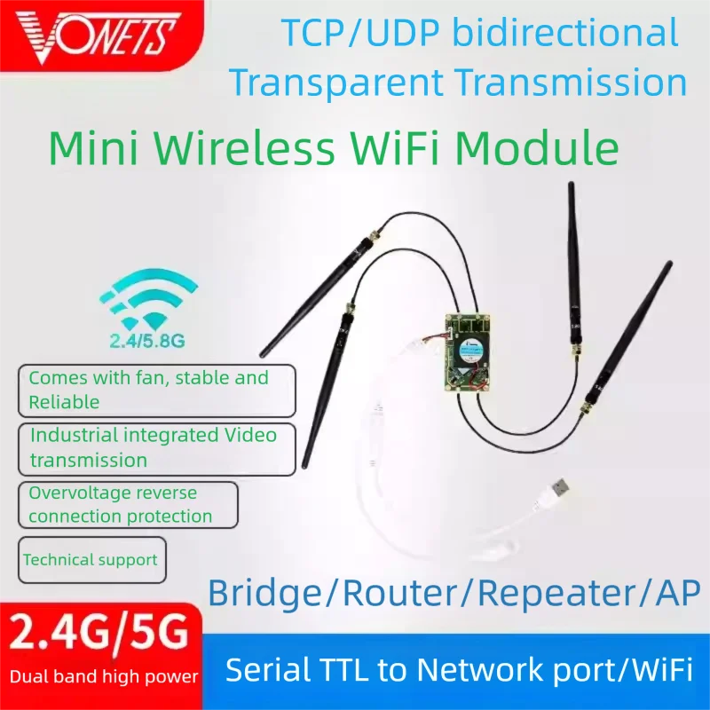 VONETS Industrial Dual-Band 2.4G/5G WiFi Module Wireless Bridge Router Repeater with TTL Serial Port TCP/UDP Transparent Monitor