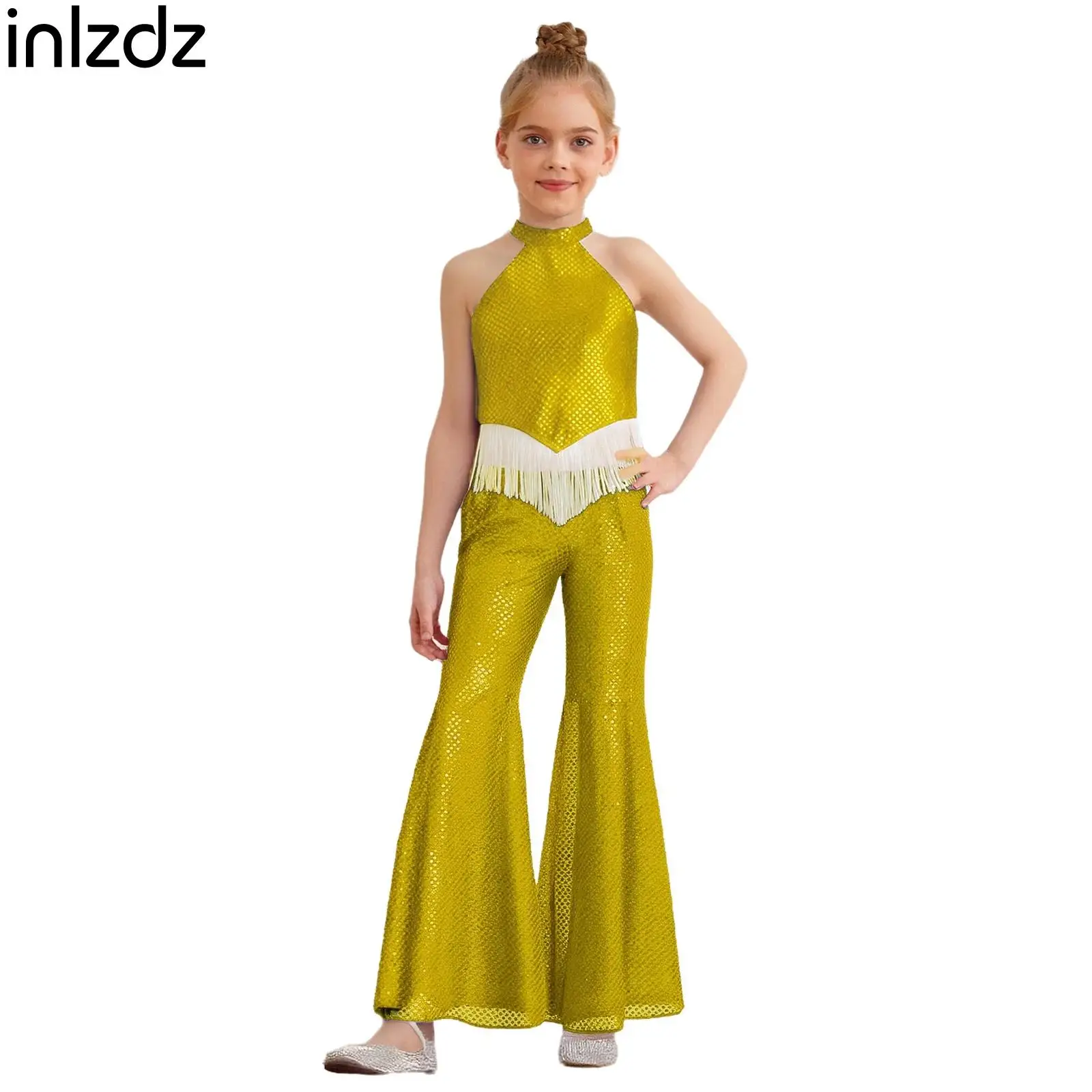 

Kids Girls Jazz Dance Stage Performance Costume Halter Sleeveless Tassels Hem Sequins Crop Top with Pants Cheerleading Uniforms