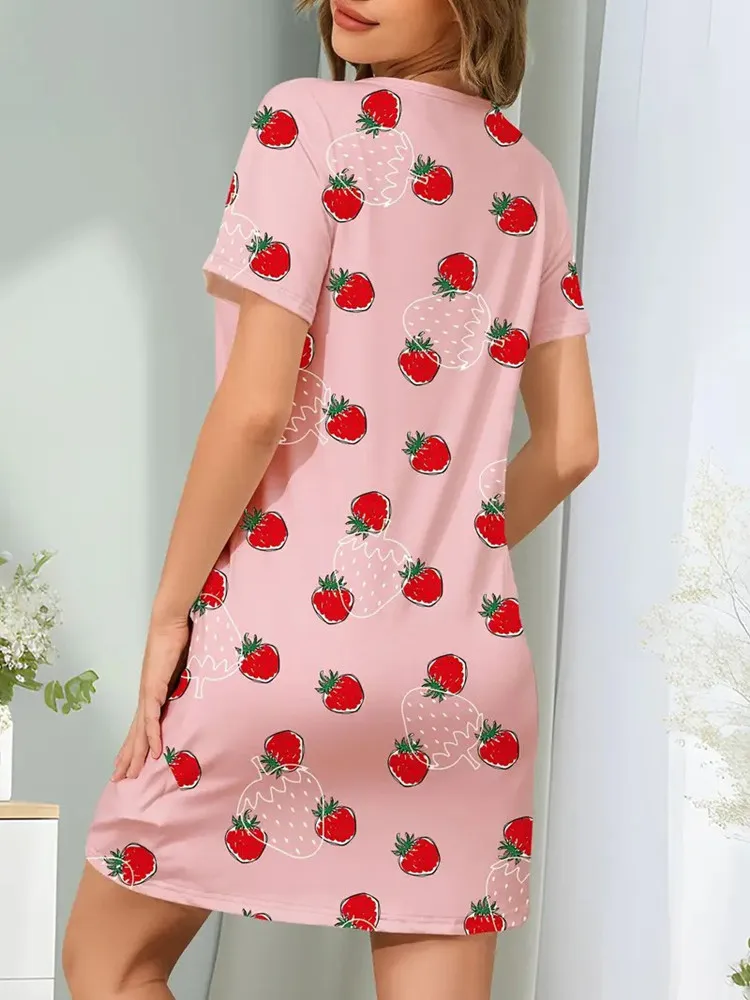 Summer Short Sleeve Nightgown with Strawberry Print Soft Pink Nightdress Modal  Comfortable Breathable Women Home Sleeping dress