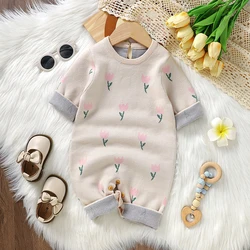 Casual Long Sleeves Baby Rompers for Newborn Infant Girls Floral Knit Jumpsuits Playsuits Autumn Winter Toddler Outfits Clothing