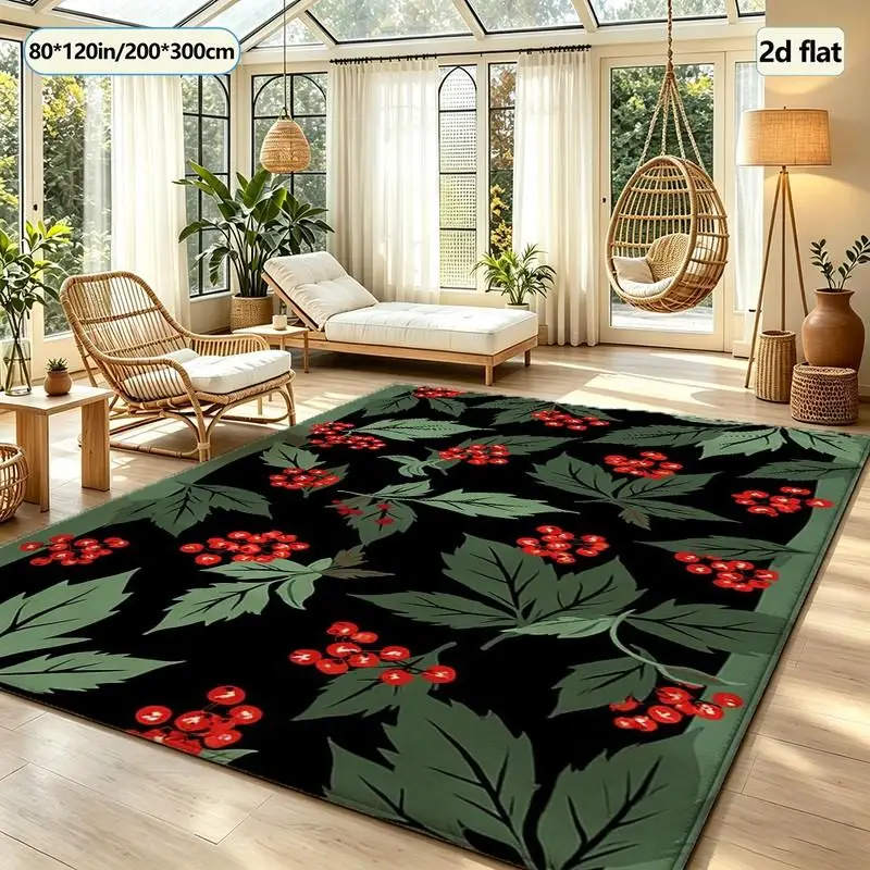 Black Background with Red Berries and Green Leaves Seamless Pattern Carpet Decoration Square Carpet Non-Slip Floor Mat Suitable for Home Living Room Bedroom