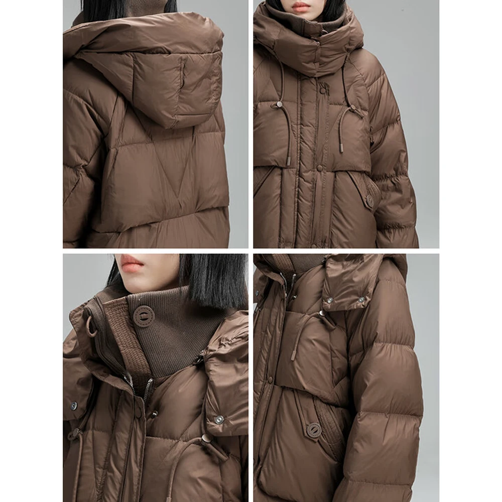 سترة بيضاء 90% من ريش الإوز للنساء، معطف نسائي فضفاض طويل بغطاء للرأس وسميك لشتاء 2025 #2