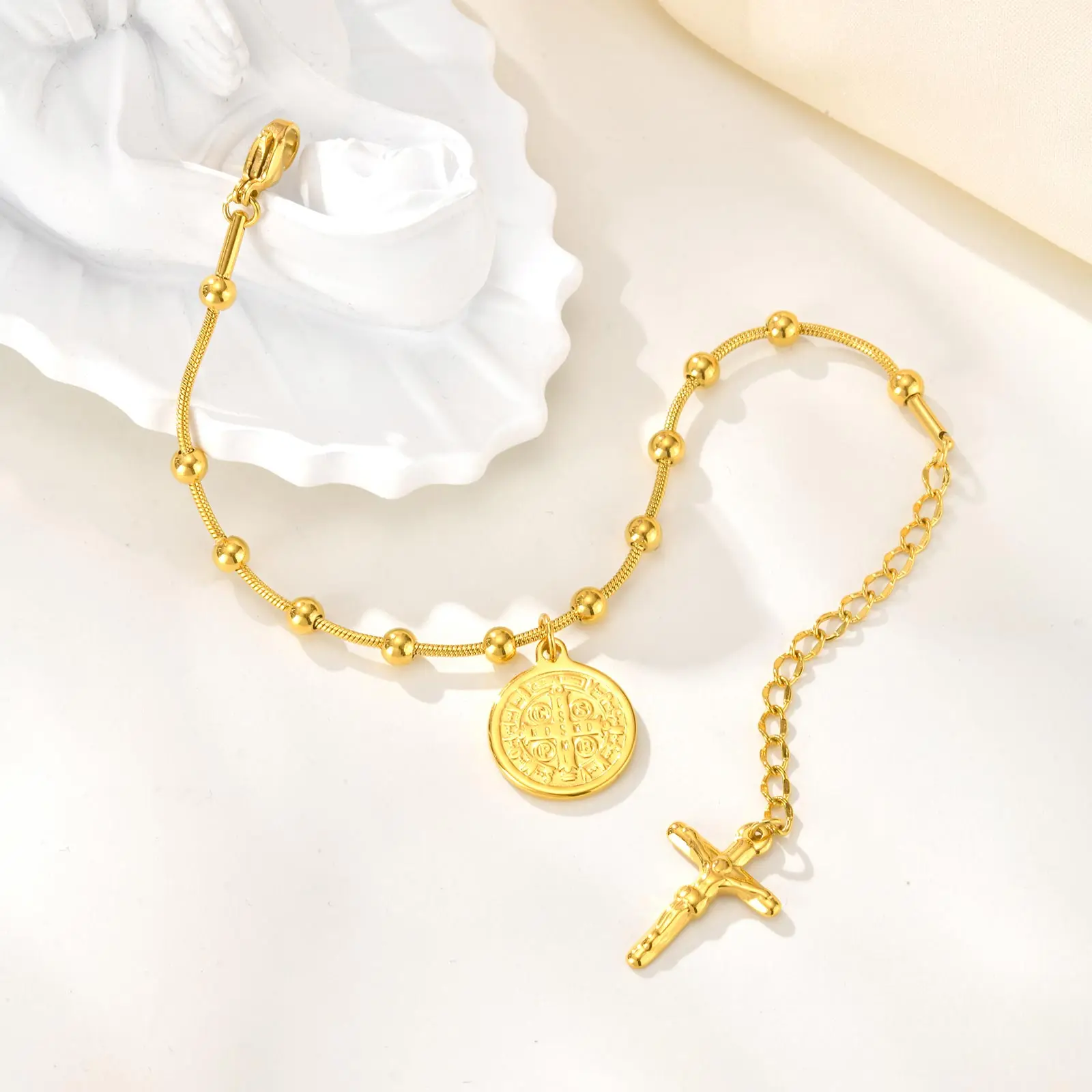 سوار سلسلة مسبحة الصليب الكاثوليكي من Vnox، أساور نسائية من الفولاذ المقاوم للصدأ مريم العذراء وسانت بنديكت، هدية الإيمان الديني #6