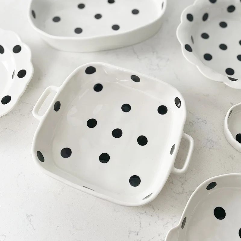 Polka Dot Ceramic Plate, Noodle Bowl, Black and White Heart Lace Salver, Household Food Binaural Tray, Dessert Spoon, Tableware