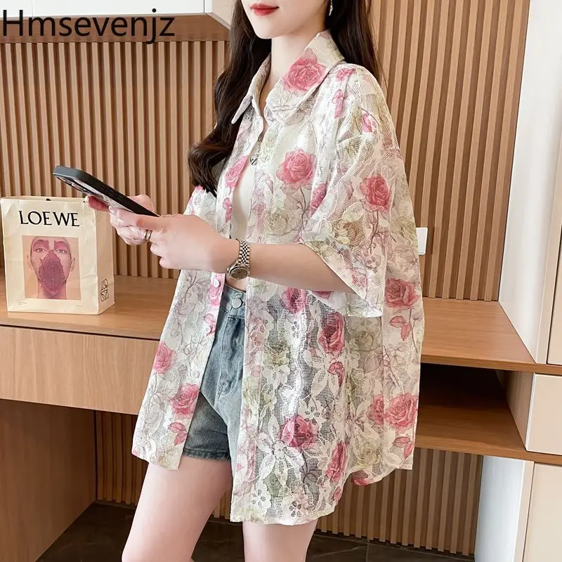 

Hmsevenjz Pink Floral Short-sleeved Shirt for Women's Summer Loose Turn-down Collar Sun Protection Shirt Fashion Female Clothes