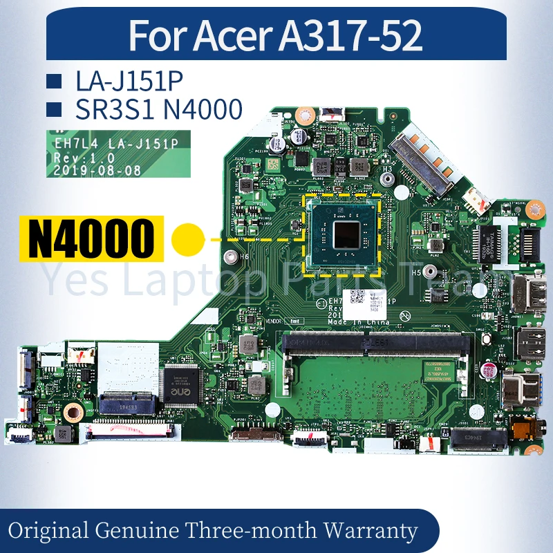 

LA-J151P For ACER A317-52 Laptop Mainboard NBHF211001 SR3S1 N4000 RAM Notebook Motherboard