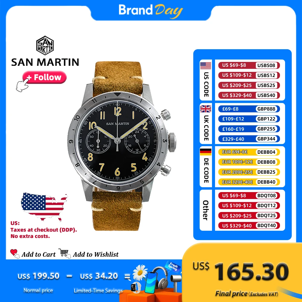 

San Martin 39,5 мм винтажные мужские часы в стиле милитари VK64 пилотный тип хронограф кварцевые стальные часы ретро светящиеся 10 бар SN0127