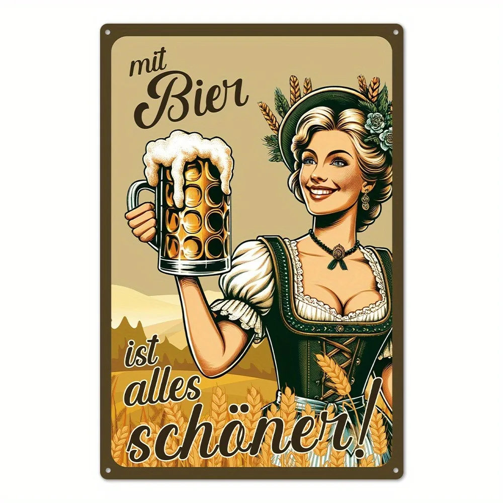 Putuo Decor Vintage German Mit Bier Metal Tin Sign Retro Beer Theme 8x12in Easy Mount Home Pub Farmhouse Indoor Outdoor Decor