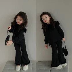 Girls Fleece Large Lapel Solid Color Shirt 2023 Autumn and Winter New Fashionable Baby Personality Flare Pants Two Piece Set