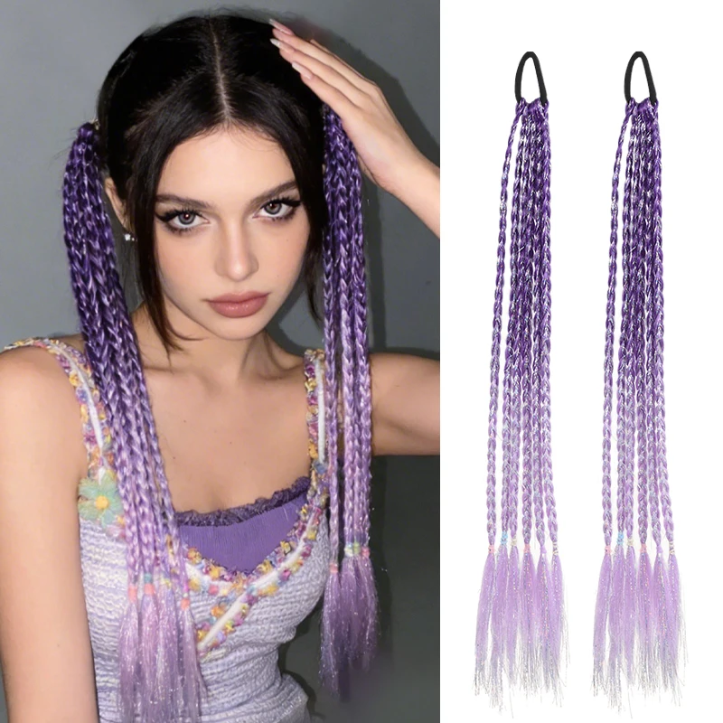 Set of 2 Synthetic Fiber Hair Extensions with Gold Thread Braided Ombre Twist Double Pigtails, Vibrant Purple Gradient, Easy-to-