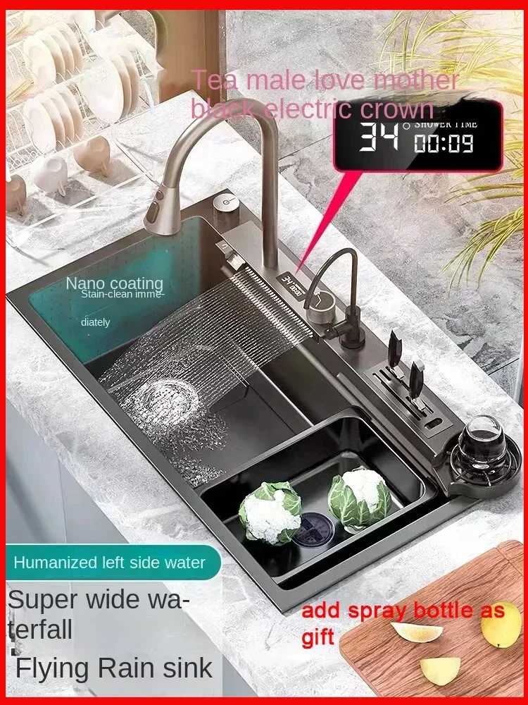 304 Stainless Steel Kitchen Waterfall Sink Digital Display Large Single Sink Dish Basin Sink with Multifunction Touch Waterfall