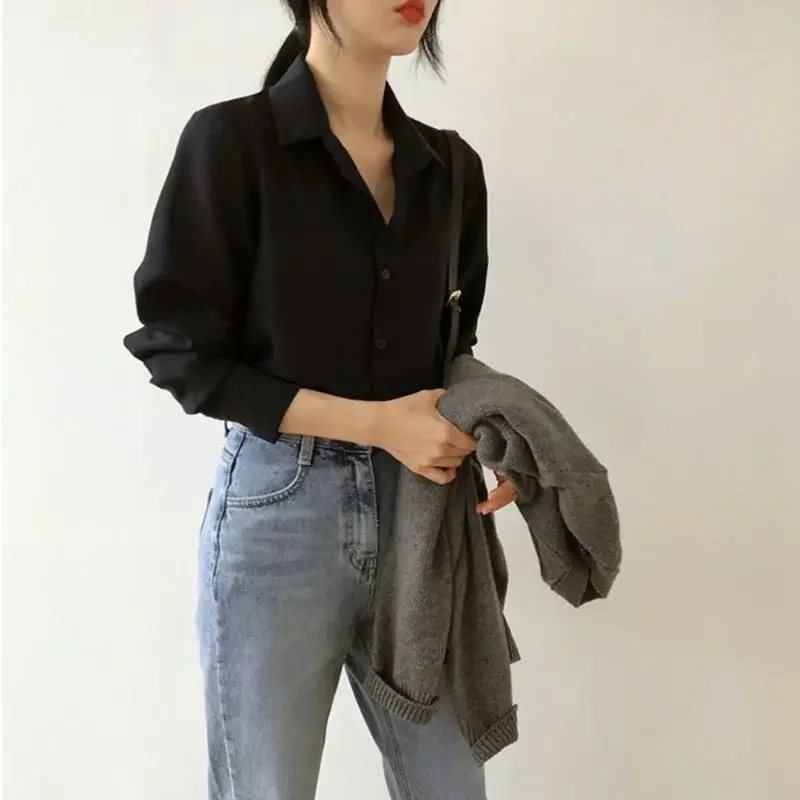 

Black chiffon shirt women's top spring and autumn new Korean version women's clothing loose and thin versatile long-sleeved