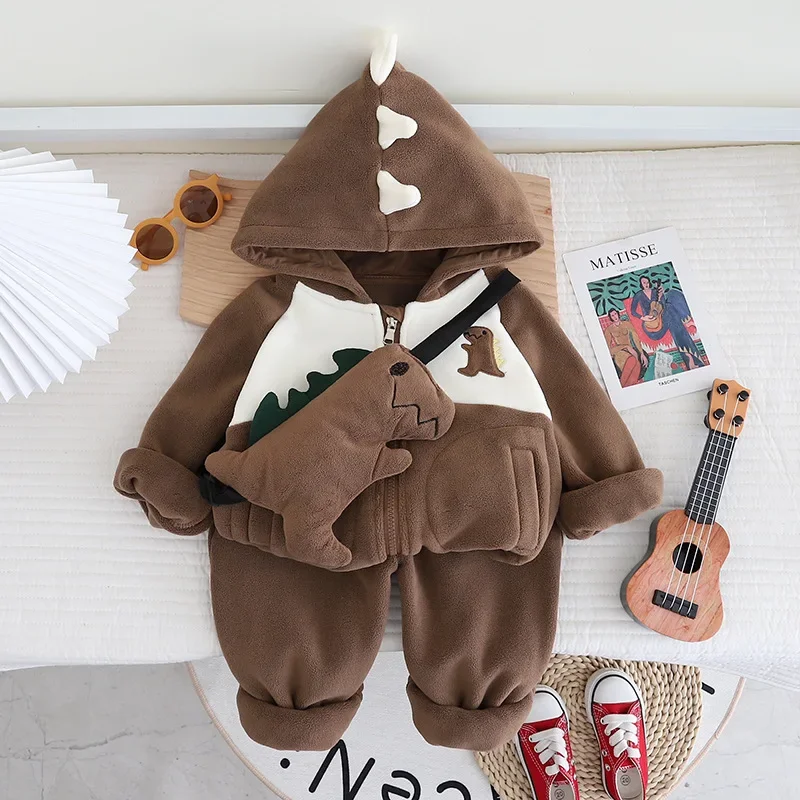 

2024 Autumn Winter Children Boy 3PCS Clothes Set Spliced Drawstring Hem Hooded Cotton Coat Solid Pant Dinosaur Bag Kid Boy Suits