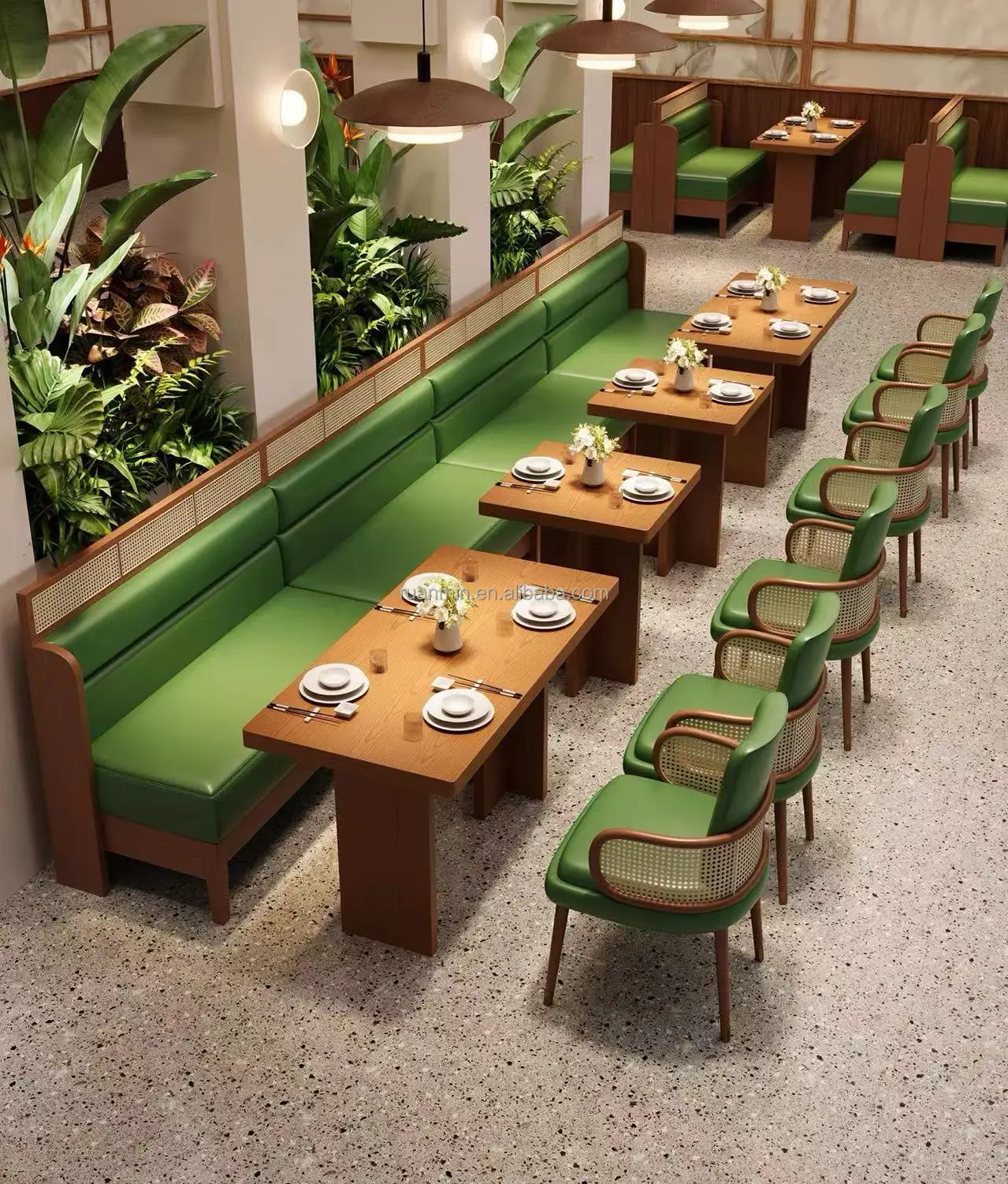 Modern Commercial Restaurant Furniture Set Restaurant Coffee Shop Rattan Solid Leather Wood Restaurant Sofa Booth