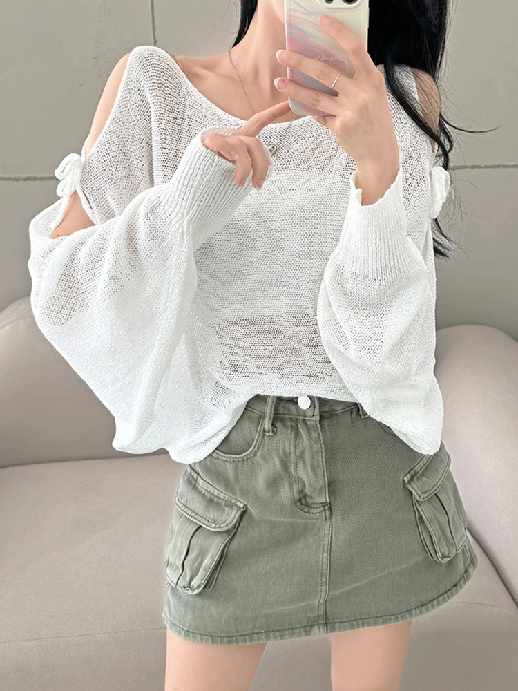 

Loose Korean Sle Women's Sweater Spring New Thin Long Sve Belted oulder Bared Split See tough Knitted Top Cover up S...