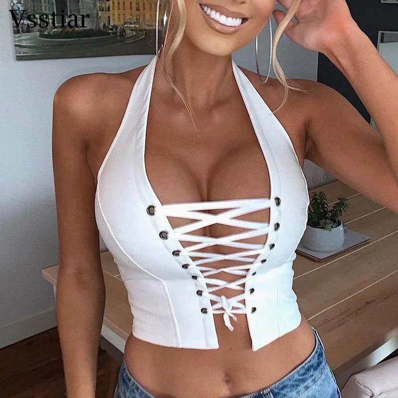 Vsstiar New Fashion Leather PU Women Vest Sexy V Neck Backless Halter Crop Top Summer Lace Up Party Clubwear Tanks Black White