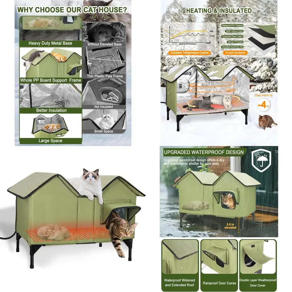 

Большой атмосферостойкий домашний кошачий домик с подогревом и изоляцией, подходит для нескольких кошек и маленьких собак — зеленый