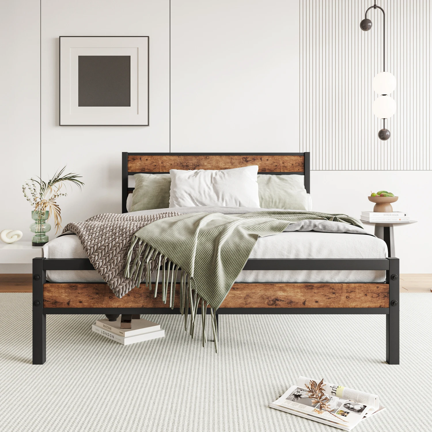 

Full Size Platform Bed Frame with Rustic Vintage Wood Headboard, Strong Metal Slats Support, No Box Spring Needed