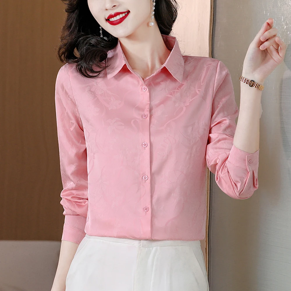 Women Thin Satin Shirts Long Sleeve Jacquard Fashion Women Blouses 2024 Elegant Office Lady OL Basic Tops Casual Clothing