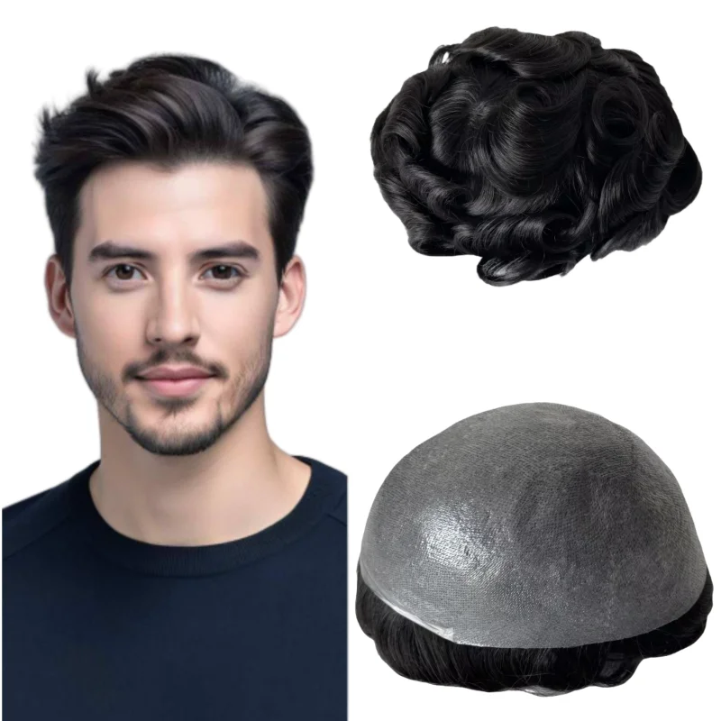 

Замена индийских волос 32 мм, волновая V-образная петля 0,08 мм # 1 тонкий парик из искусственной кожи для белых мужчин