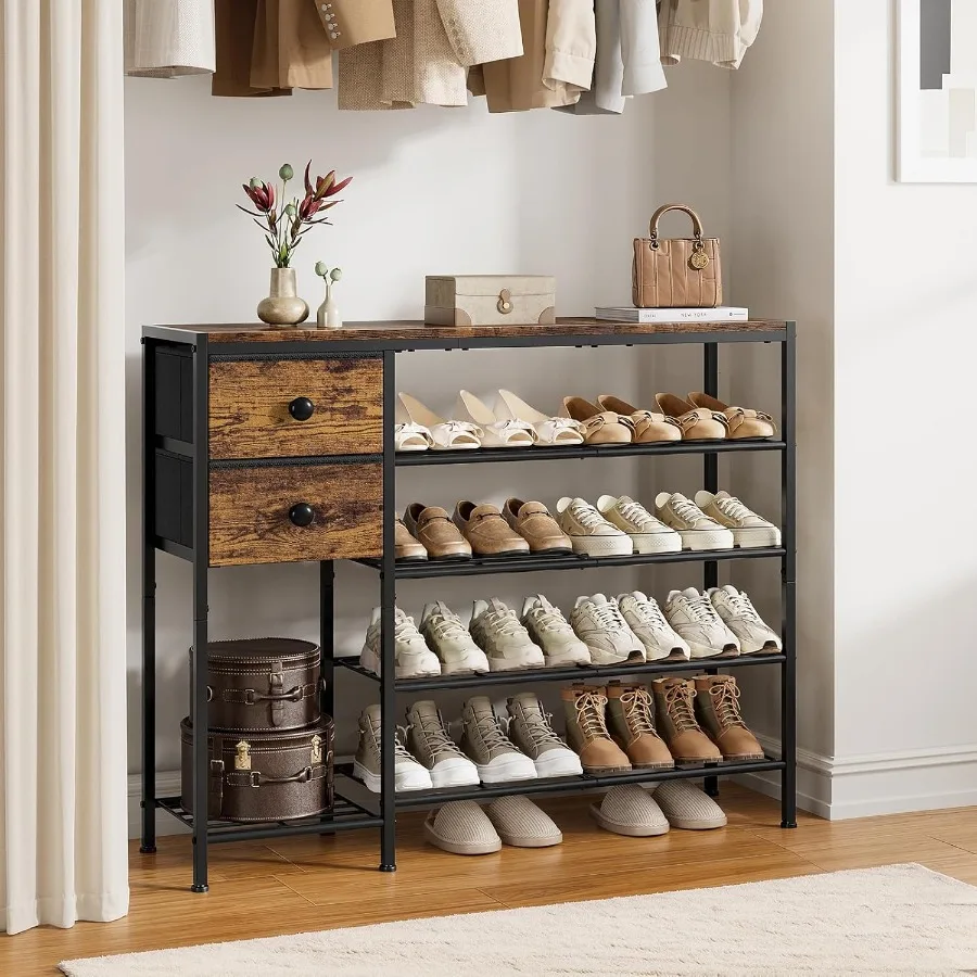 5-уровневая полка для обуви с 2 тканевыми ящиками и металлическим каркасом с дизайном деревянной доски для организации 16–20 пар обуви Идеально подходит