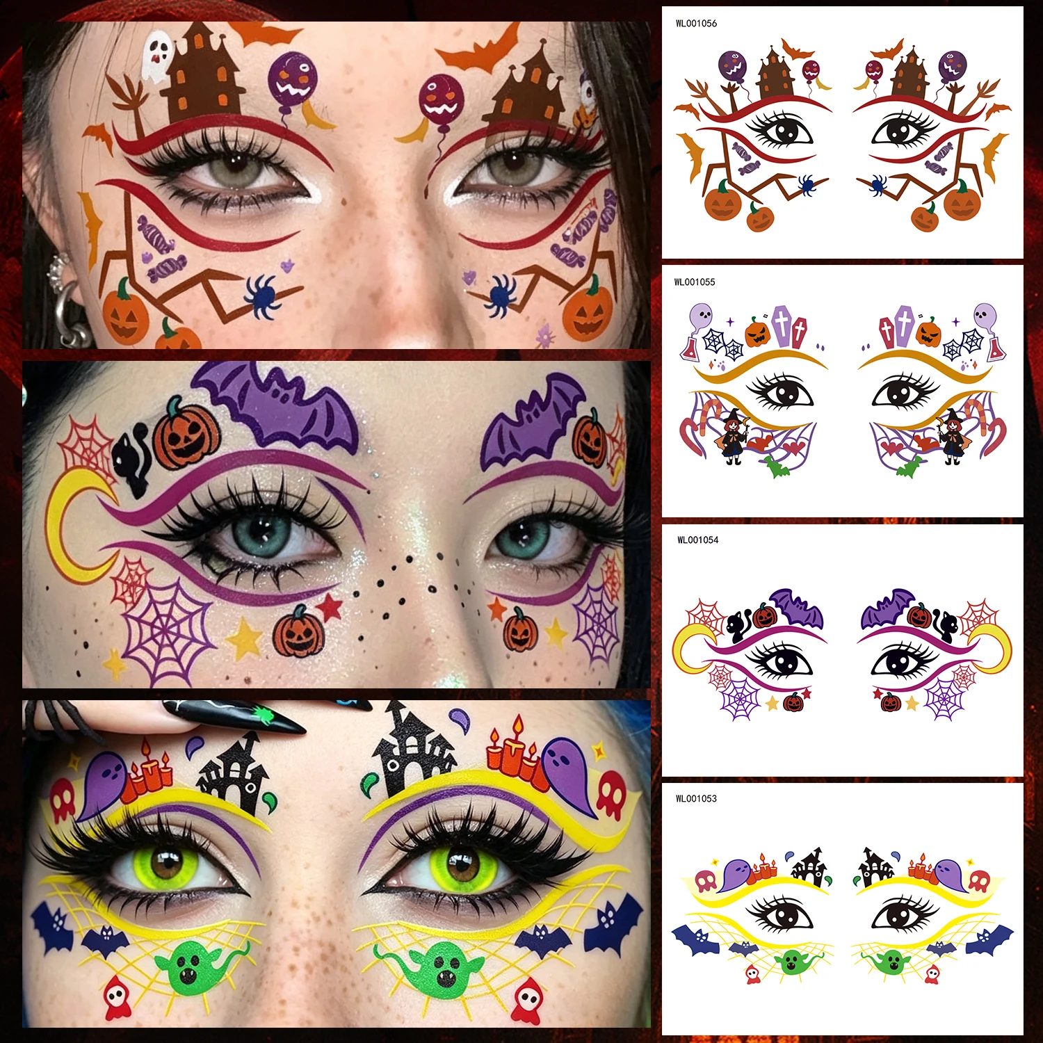 12pcs Glow in The Dark Halloween Face Stickers Pumpkin Ghost Spider Web Eye Makeup Decals Waterproof Tattoos for Halloween Party