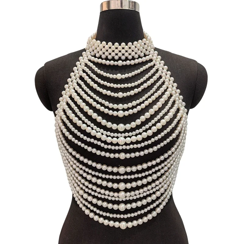 2026 Handmade White Pearl Multilayer Bridal Halter Neck Vest Body Chain Pearl Bralette Chest Harness Beaded Bra