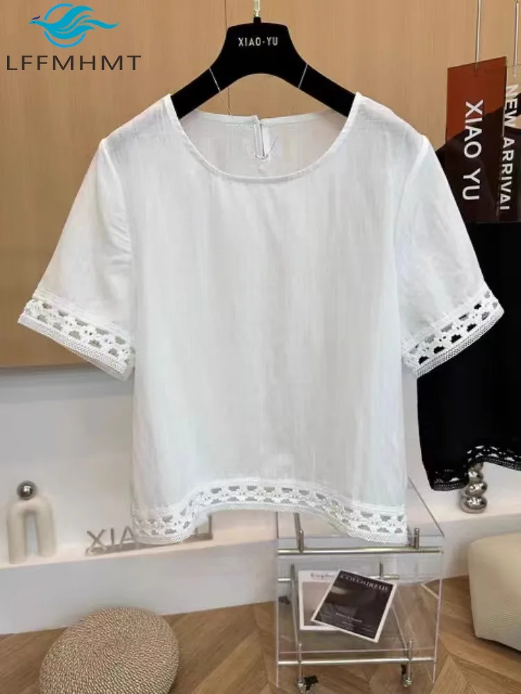 

Кружевная лоскутная футболка с открытыми рукавами и короткими рукавами для женщин, летняя модная однотонная простая базовая пуловерная футболка