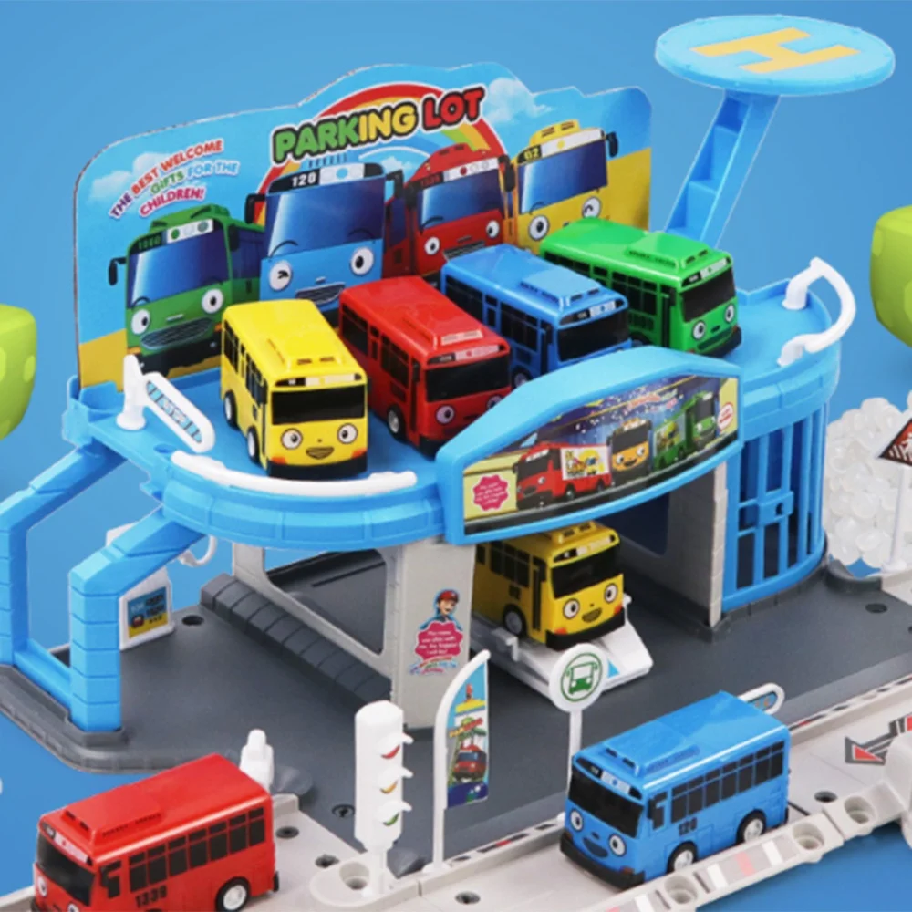 Cartoons Tayo the Little Bus Set Assembled Bus Station Parking Lot Car Runway Model with 2 Mini Tayo Bus