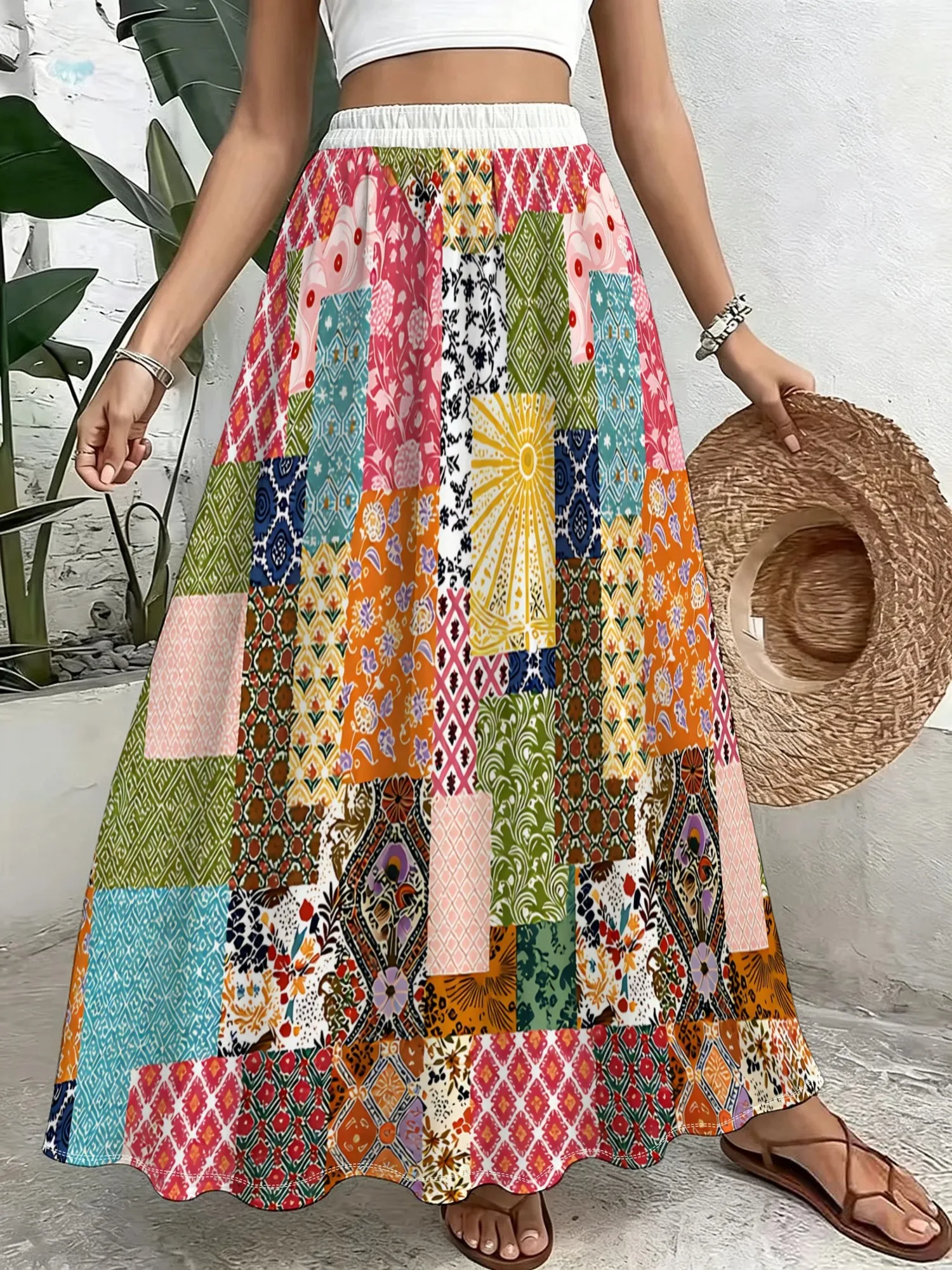 Plus Size Women'S Mid-Length Skirt, Vintage Floral Geometric Print, High-Waist A-Line Cut Casual/Party Wear