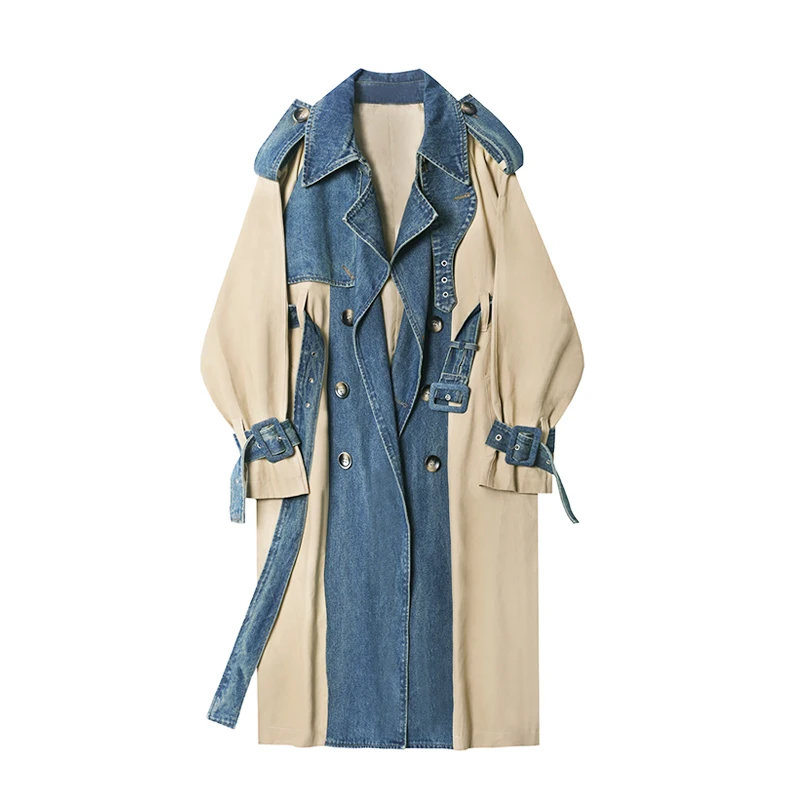 

2023 Spring Autumn Fashion Long Denim Splice Trench Coat Women Double Breasted High Quality Windbreaker Female Loose Outerwear