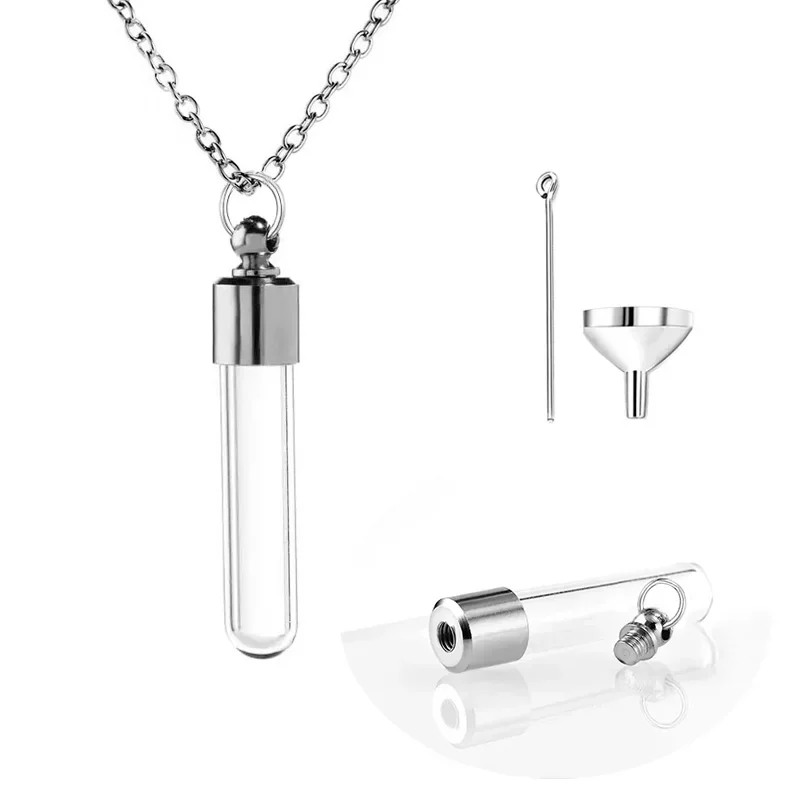 Stainless Steel Glass Cremation Cylinder Tube Urn Pendant Memorial Necklace Ashes Holder Keepsake Cremation Jewelry Pet Urns