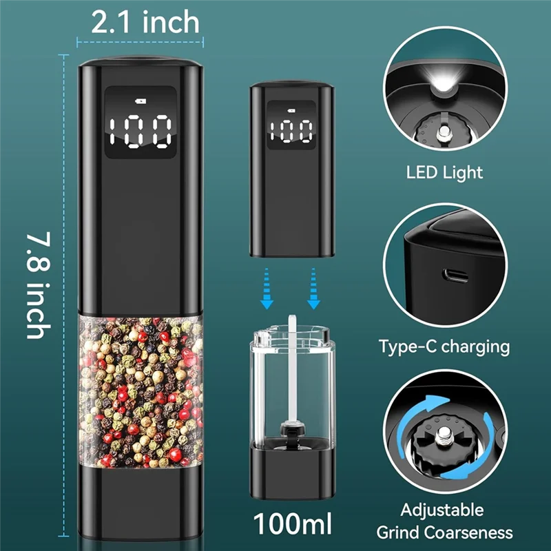 B59B-Electric Salt And Pepper Grinder Set Automatic Mill Adjustable Coarseness, Digital Display Included