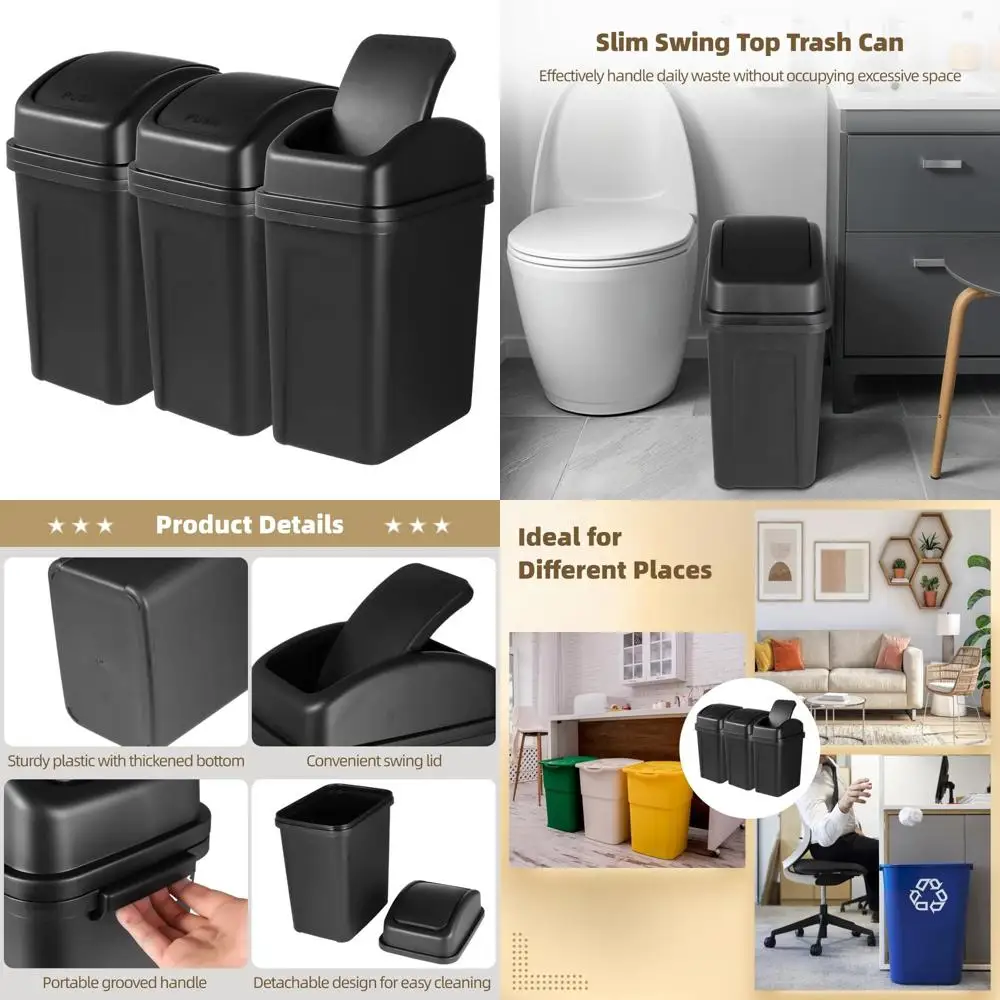 

Homaisson 3-Pack Black Plastic Trash Can, 4.5 Gallon, Rectangular, Swing-Lid, Kitchen