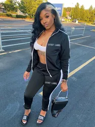 Lucky Label 2 Stuk Outfits Vrouwen Sweatsuit Gestreepte Sets Zip Top Leggings Trainingsbroek Jogger Vallen Kleding Groothandel Dropshipping