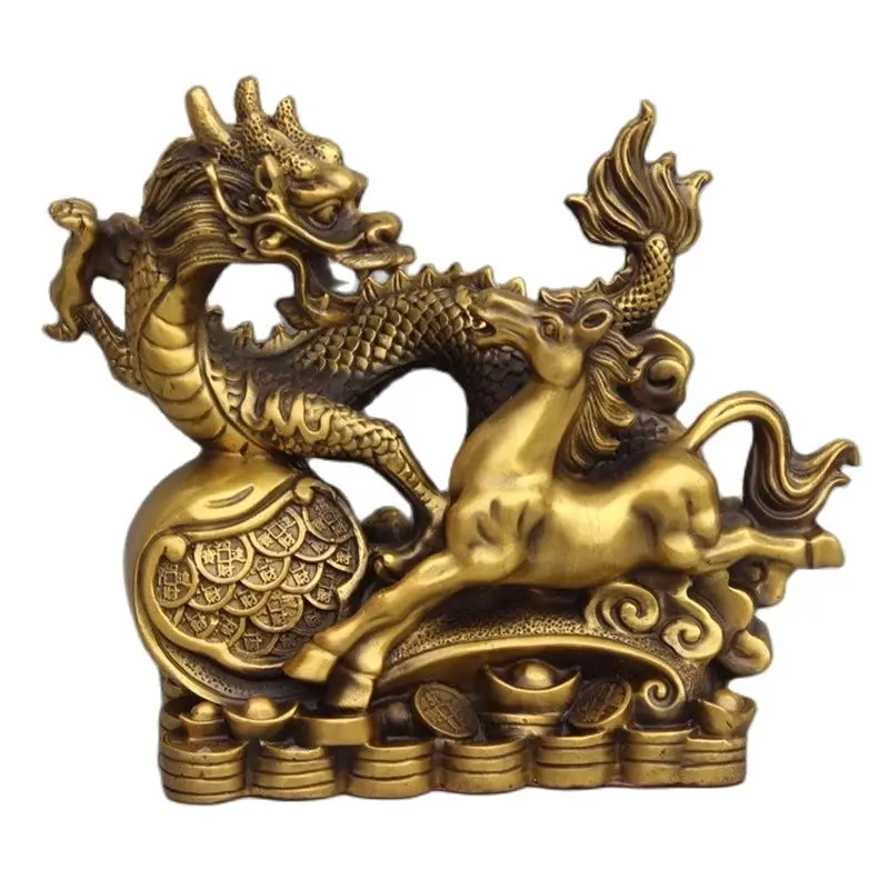 

Chinese copper brass fengshui fortune auspicious dragon horse statue bronze metal crafts vintage home decor