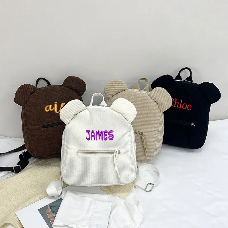 

Customized Name For Children's Teddy Bear Backpack, Corduroy Travel Backpack, Personalized Cute Solid Color Backpack